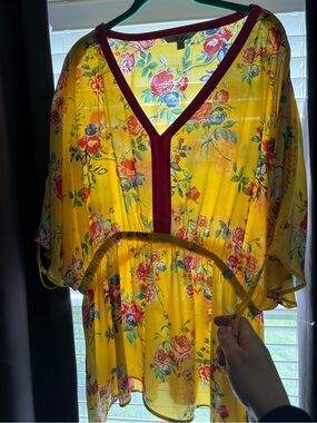 Yellow Floral Boho Tunic with Burgundy Trim by Pioneer Woman